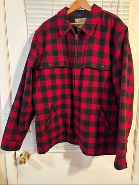 Vintage LL BEAN ID 500514 Jacket Plaid Black & Red Full Zip Front Size XL